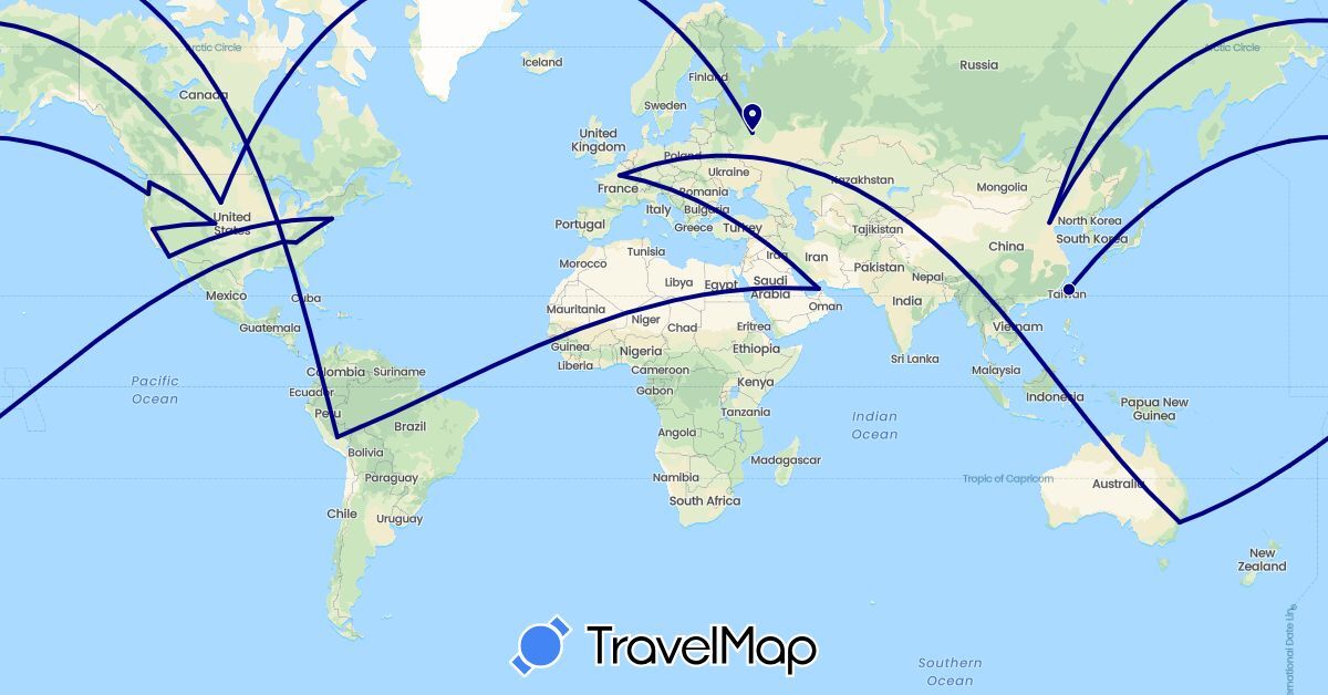 TravelMap itinerary: driving in United Arab Emirates, Australia, China, France, Peru, Russia, Taiwan, United States (Asia, Europe, North America, Oceania, South America)